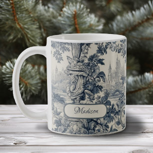 Taza De Café Azul Vintage Floral Toile de Jouy Monograma