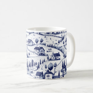 Taza De Café Azul Vintage Toile - Árboles Arquitectura Pastoral