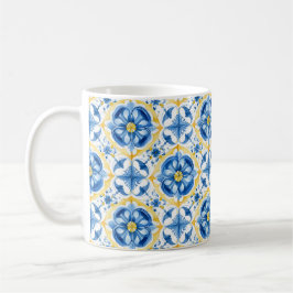 Taza De Café 💛 💙 Azul y amarillo, acuarela floral Azulejos