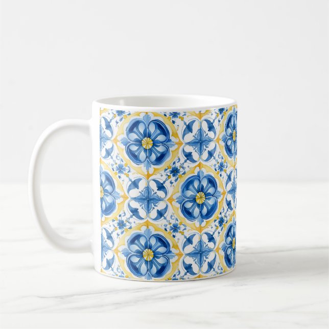Taza De Café 💛 💙 Azul y amarillo, acuarela floral Azulejos (Izquierda)