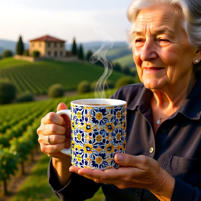 Taza De Café 💛 💙 Azul y amarillo Azulejos florales (💛💙 Blue and yellow, floral Azulejos Coffee Mug)