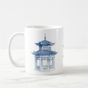 Taza de café azul y blanca con pagoda Chinoiserie