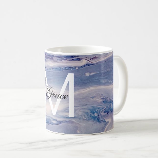 Taza De Café Azul Y Blanco Monograma (Anverso derecho)