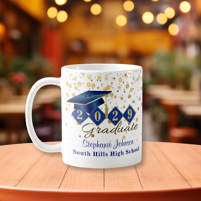 Taza De Café Azul y oro de graduación personalizado (Personalized Graduation Blue & Gold Coffee Mug)
