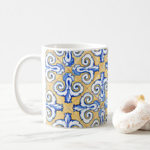Taza De Café Azulejo azul, amarillo y blanco