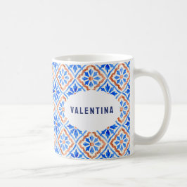 Taza De Café Azulejo Azul Italiano Patrón Elegante Nombre Perso