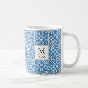 Taza De Café Azulejo Falso Floral Vintage Blanco Azul Editable