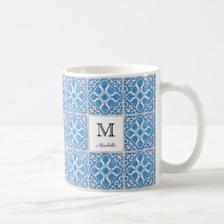Taza De Café Azulejo Falso Floral Vintage Blanco Azul Editable