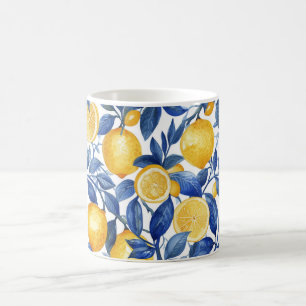 Taza De Café Azulejo Lemons Blue Leaves #1