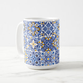 Taza De Café Azulejo Mediterráneo Marroquí Azul y Amarillo