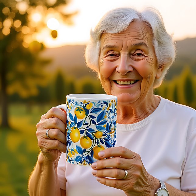 Taza De Café 💛 💙 Azulejos azules y amarillos con limones (💛💙 Blue and yellow Azulejos with lemons Coffee Mug)