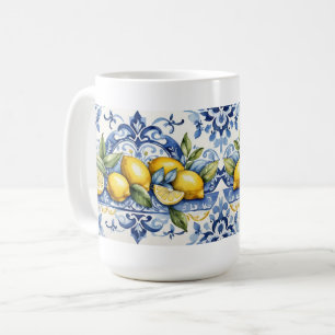 Taza De Café Azulejos blancos y azul Amalfi italiano y limones