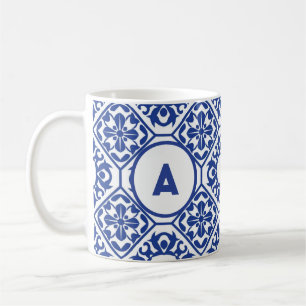 Taza De Café Azure Lattice Blue Geometric Floral Mediterranean