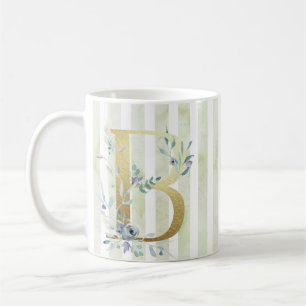 Taza De Café B inicial de oro sobre rayas azules y blancas