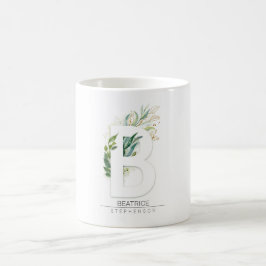 Taza De Café B Monograma verde dorado deja nombre elegante
