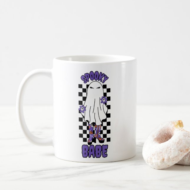 Taza De Café "Babe espantado" Mujer Halloween Fantasma Retro Pú (Con donut)