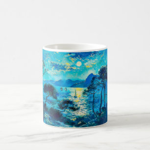Taza De Café Bahía iluminada por la luna con barcas Nocturno Im