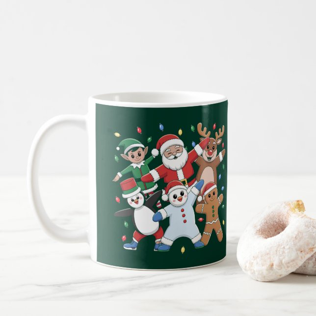 Taza De Café Bailando Santa Elf y amigos (Con donut)