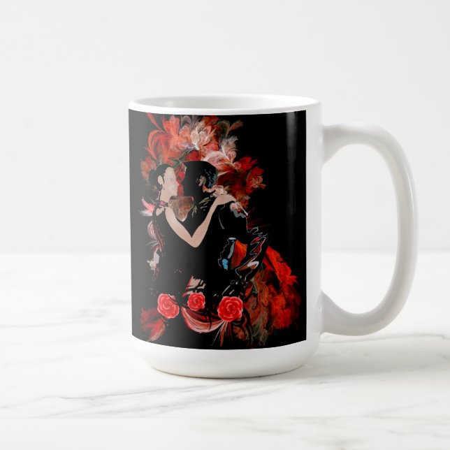 Taza De Café Bailarinas románticas de tango sobre fractal rojo (Derecha)