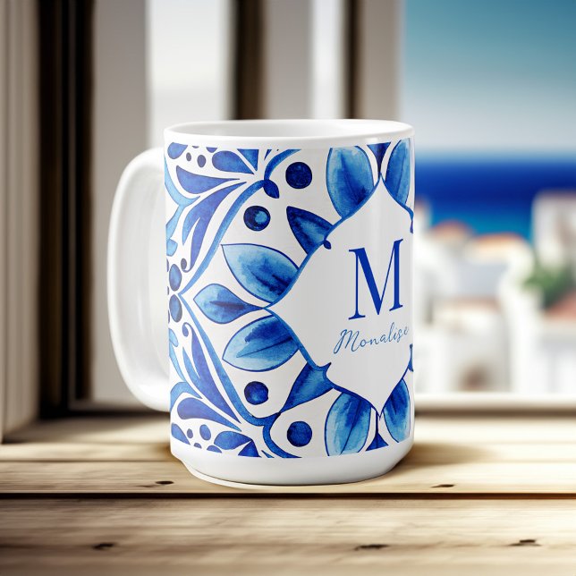 Taza De Café Baldosas azules de la época de Talavera Azulejo mo (Vintage Talavera Azulejo blue tiles monogrammed Coffee Mug personalized Bridesmaids Gifts)