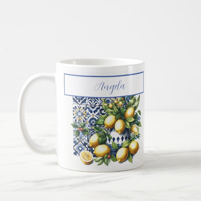 Taza De Café Baldosas azules y limones italianos | su nombre (Izquierda)