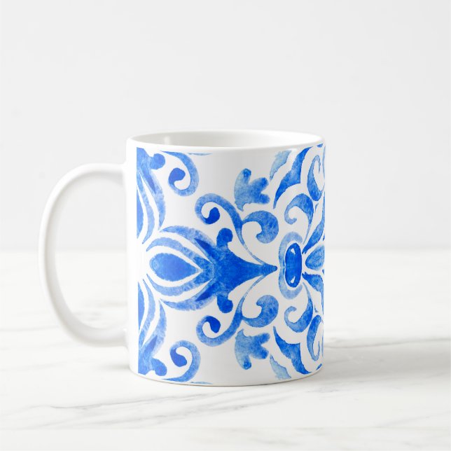 Taza De Café Baldosas dibujadas a mano en azul y blanco sin sol (Izquierda)