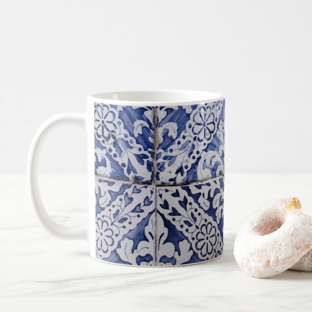 Taza De Café Baldosas portuguesas - Azulejo Floral azul y blanc (Con donut)