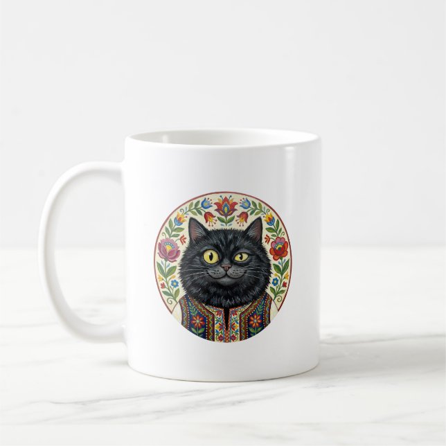 Taza De Café Balkan Folk Art Black Cat (Izquierda)