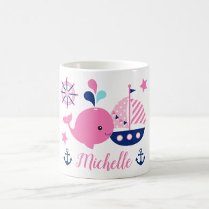 Taza De Café Ballena Rosa Náutica Adorable, Barco y Ancla