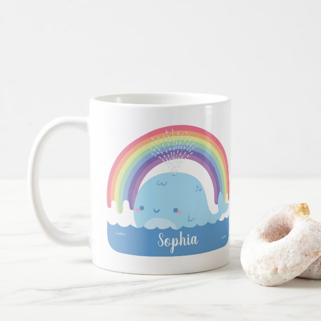 Taza De Café Ballena y arcoiris, coloridos y personalizados (Con donut)