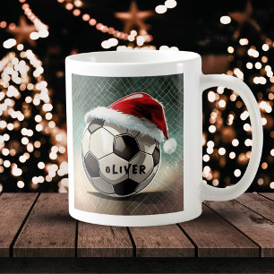 Taza De Café Balón de fútbol con nombre de sombrero de Santa