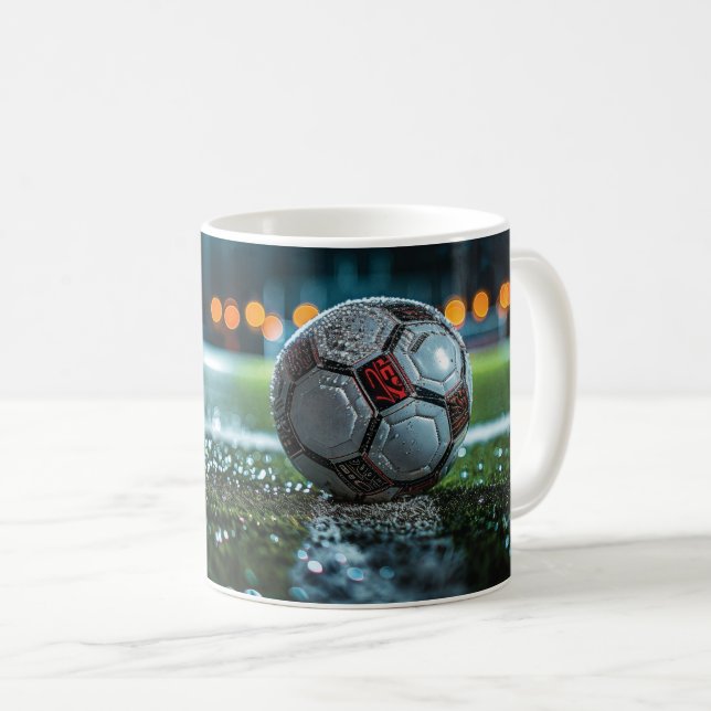 Taza De Café Balón de fútbol en el campo vacío de arena mojada (Anverso derecho)