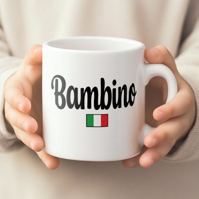 Taza De Café Bambino Italian Flag Mug (Child's hands holding white Bambino mug with Italian flag. Great Baby Shower gift for expecting boy)