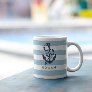 Taza De Café Banda azul náutica y anclaje naval personalizado