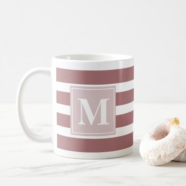Taza De Café Banda blanca y roja moderna con monograma (Con donut)