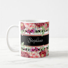 Taza De Café Banda negra Borgoña Floral Nombre Personalizado