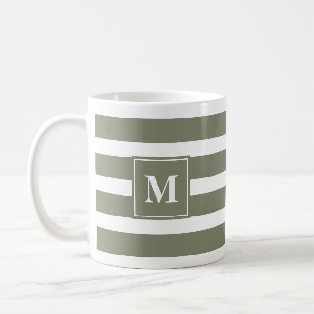 Taza De Café Banda verde y blanca moderna con monograma (Izquierda)