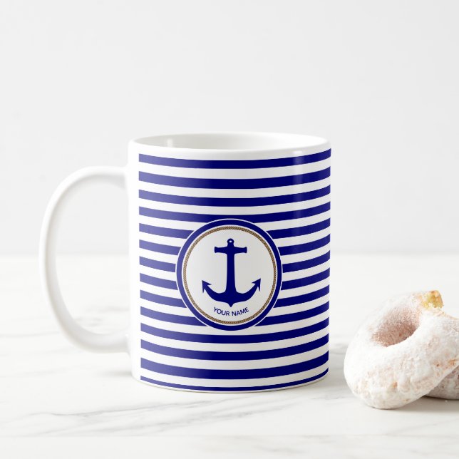 Taza De Café Bandas azules de la Marina Náutica con ancla (Con donut)