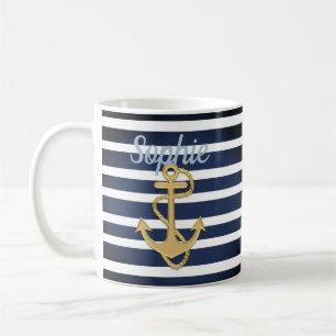 Taza De Café Bandas azules y náuticas de oro
