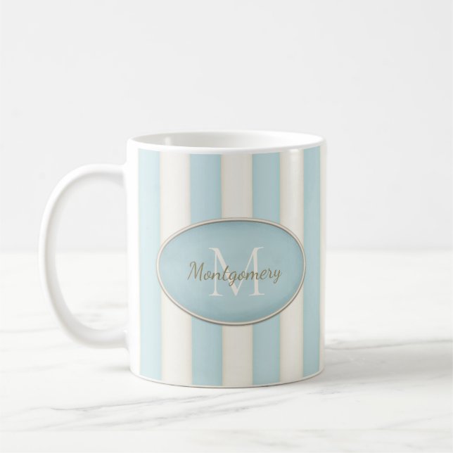 Taza De Café Bandas blancas azules y anticuadas Óvalos Monogram (Izquierda)