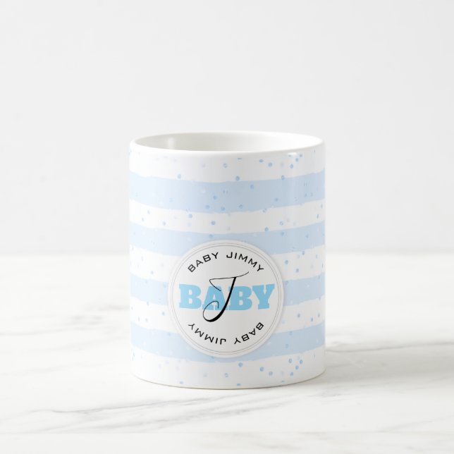 Taza De Café Bandas de bebé monogramadas azul y blanco (Centro)