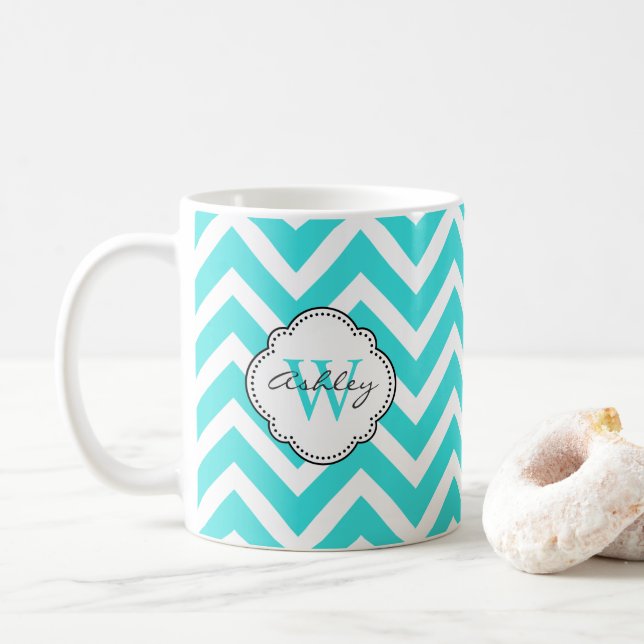 Taza De Café Bandas de Chevron Aquamarine Brillantes con Monogr (Con donut)