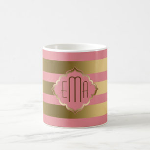 Taza De Café Bandas de oro monogramadas y patrón geométrico ros
