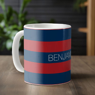 Taza De Café Bandas de rugby rojo y azul marino con nombre pers