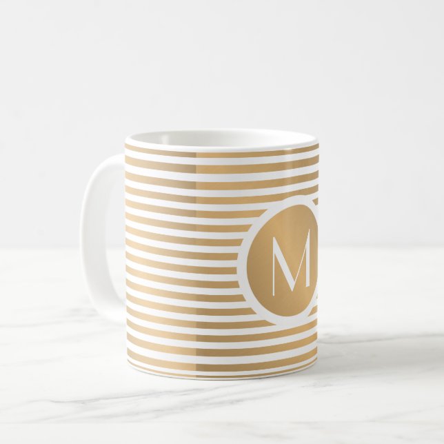 Taza De Café Bandas doradas y blancas de monograma (Anverso izquierdo)