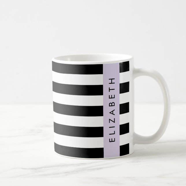 Taza De Café Bandas en blanco y negro, rayas, líneas, nombre (Derecha)