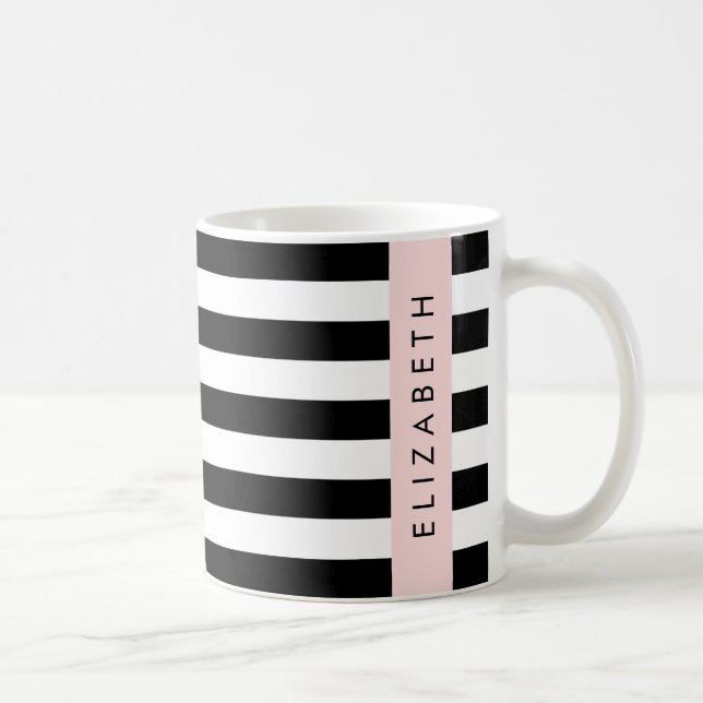Taza De Café Bandas en blanco y negro, rayas, líneas, nombre (Derecha)