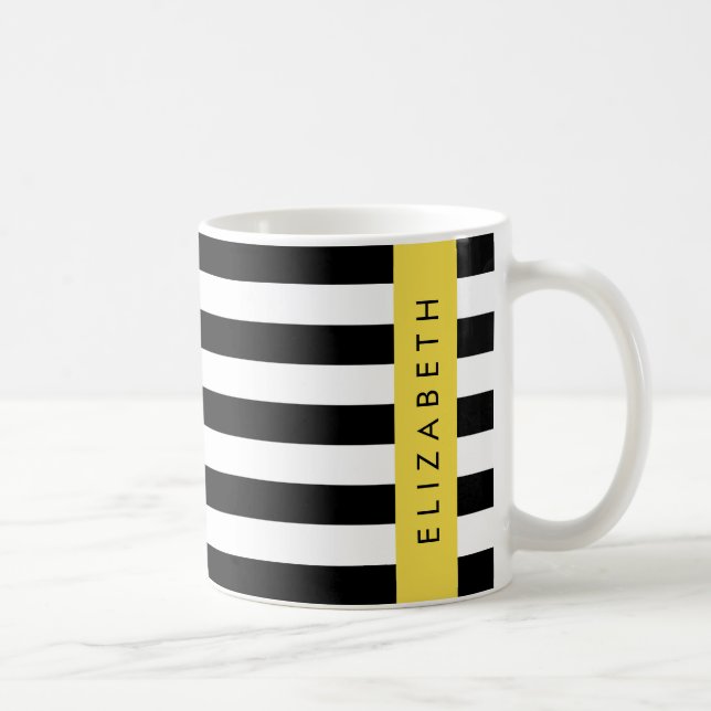 Taza De Café Bandas en blanco y negro, rayas, líneas, nombre (Derecha)