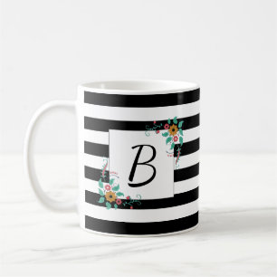 Taza De Café Bandas negras modernas y monograma floral