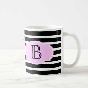 Taza De Café Bandas negras y blancas con rosado, añadir inicial